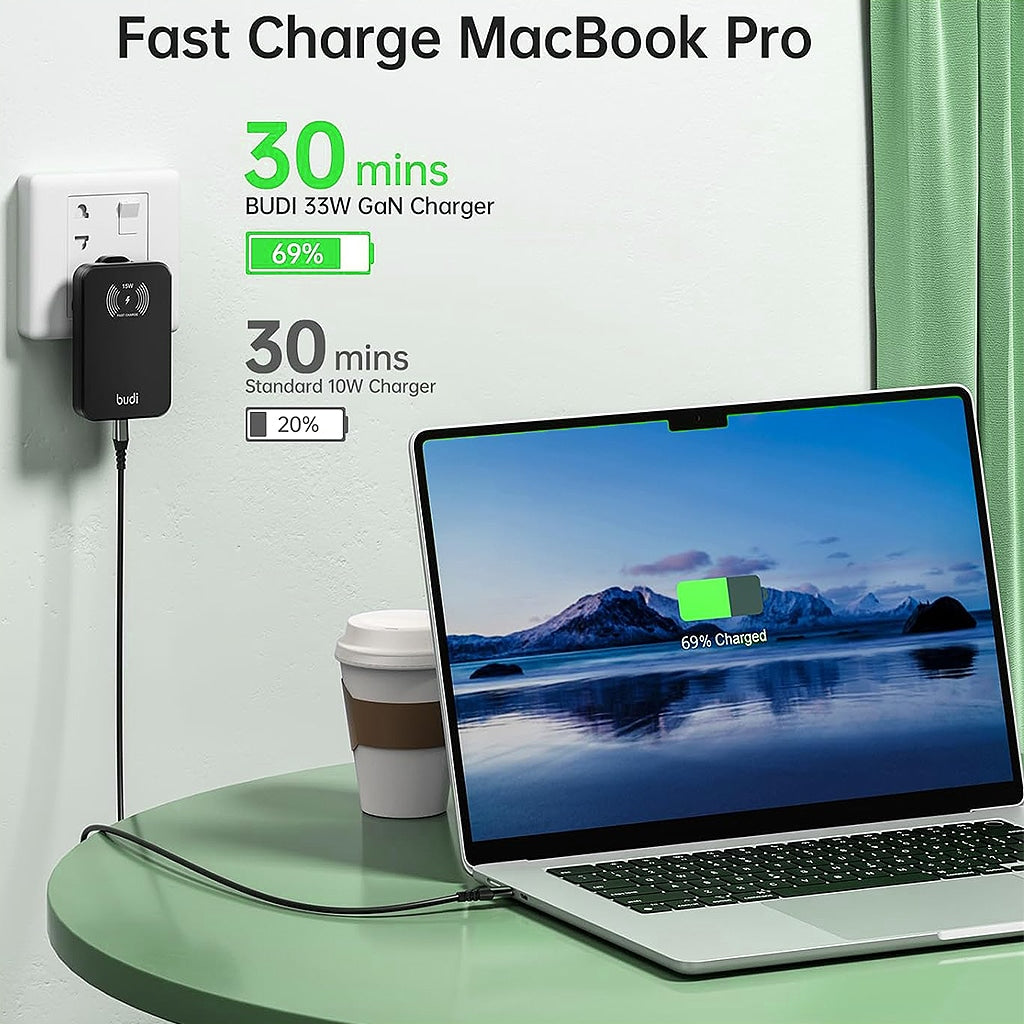 Budi 30W Dual USB-C PD and USB QC Magsafe Wireless Charger Global Travel Charger - BlackMobile AccessoriesBudi 30W Dual USB-C PD and USB QC Magsafe Wireless Charger Input 100-240 V 50/60 Hz Total output power 30 W max USB-C output 5V / 9V = 3A, 12V = 2.5A